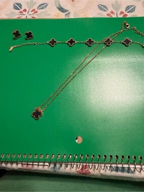 Gold Four-Leaf Clover Necklace, Bracelet and Stud Earring Set - Black Inlay